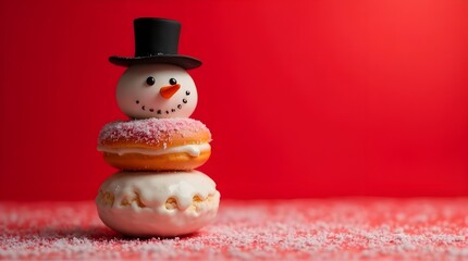 Snowman made by donuts.Wearing black hat is standing on red background for christmas celebration.



