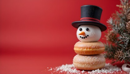 Snowman made by donuts.Wearing black hat is standing on red background for christmas celebration.


