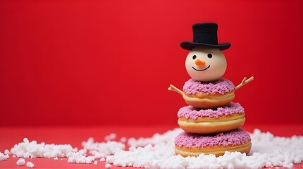 Snowman made by donuts.Wearing black hat is standing on red background for christmas celebration.


