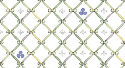 Fototapeta premium Elegant Watercolor Ribbon Pattern with Fleur de Lis and Delicate Flowers for Textile and Background Design
