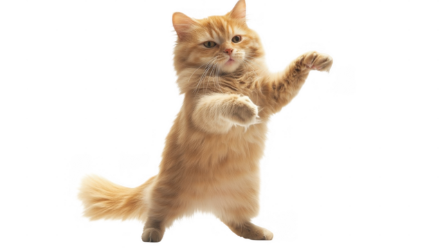 An orange cat playfully stands on its hind legs, raising its paws in an adorable moment of interaction