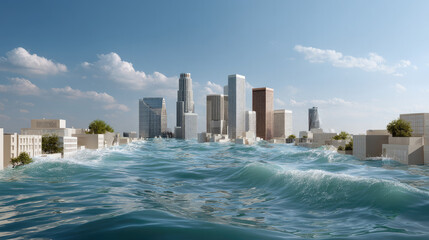 Naklejka premium City Under the Wave: A dramatic visual depicts a coastal cityscape engulfed by a colossal wave, the buildings precariously balancing against the raw power of nature.