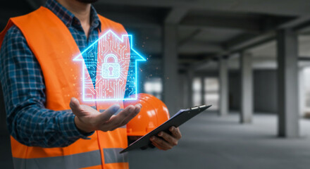 Construction Worker Holding Smart Home Security Hologram – House Safety and Digital Protection Concept