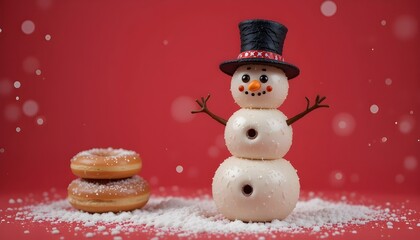 Snowman made by donuts.Wearing black hat is standing on red background for christmas celebration.


