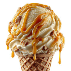 Sweet Caramel Delight: A close-up of a decadent scoop of ice cream with swirls of caramel and crispy waffle cone. Capturing the mouthwatering detail of a delicious, refreshing dessert.