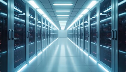 Illuminated server room corridor with rows of glowing computer racks. Modern data center architecture featuring sleek metallic doors, blue LED lighting. Perspective view of clean, empty hallway