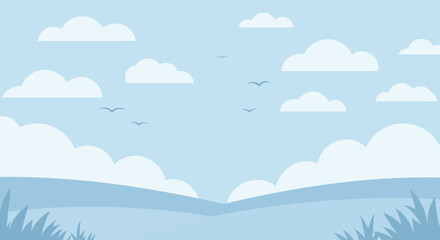 Minimalist Landscape Illustration with Clouds Hills and Birds in Light Blue Tones