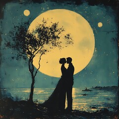 Romantic silhouette of a loving couple embracing under a beautiful night sky photo