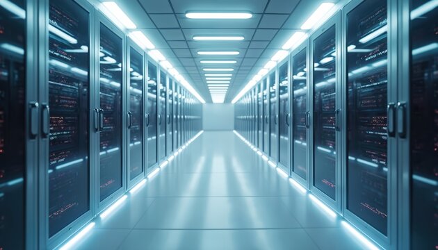 Illuminated server room corridor with rows of glowing computer racks. Modern data center architecture featuring sleek metallic doors, blue LED lighting. Perspective view of clean, empty hallway