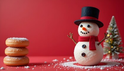 Snowman made by donuts.Wearing black hat is standing on red background for christmas celebration.


