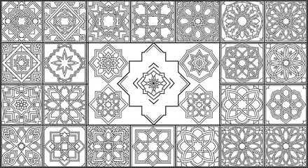 Geometric Islamic Art Seamless Pattern with Intricate Floral and Star Motifs in Black and White Line Art