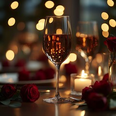 Romantic photo featuring wine glass roses candlelight and bokeh lights for a special occasion.