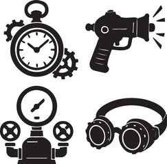 Black vector icons of retro cars, tools, and a clock set