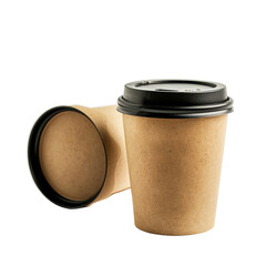 Two light brown paper coffee cups with black lids