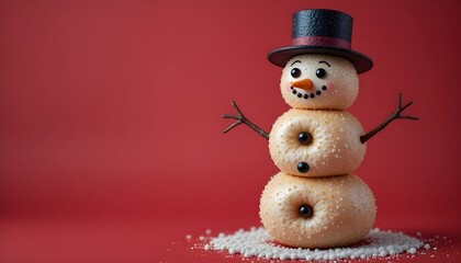 Snowman made by donuts.Wearing black hat is standing on red background for christmas celebration.


