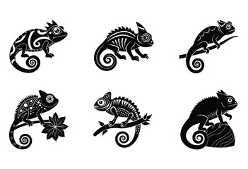 Chameleon Silhouette Bundle Curled Tail Reptile Vector Icons Set on Branches for Wildlife and Tattoo Design