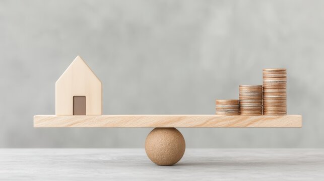 A wooden model of a house balanced on a seesaw with stacks of coins representing the balance between the cost of a home and investment savings