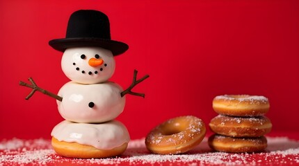 Snowman made by donuts.Wearing black hat is standing on red background for christmas celebration.


