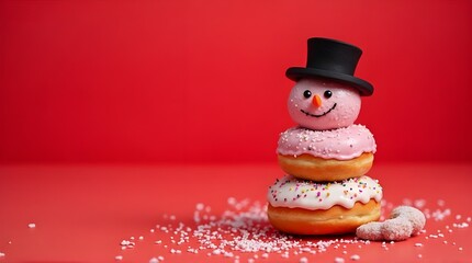 Snowman made by donuts.Wearing black hat is standing on red background for christmas celebration.



