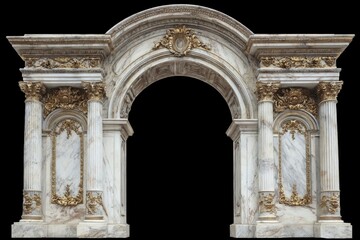 Obraz premium Marble archway with gold embellishments columns and keystone in an ornate architectural design against a black background