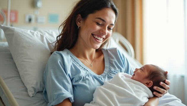 Joyful Hispanic mother cradles newborn baby in hospital bed. Woman smiles warmly at infant, experiencing tender motherhood bond. Image celebrates new life, family connection, and gentle care.