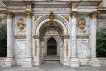 A marble facade with golden accents showcasing an ornate arched doorway flanked by Corinthian columns