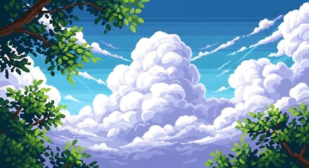 Fototapeta premium Pixel Art Heavenly Clouds with Lush Green Foliage Digital Landscape Scene