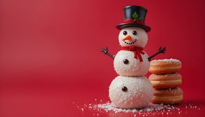 Snowman made by donuts.Wearing black hat is standing on red background for christmas celebration.



