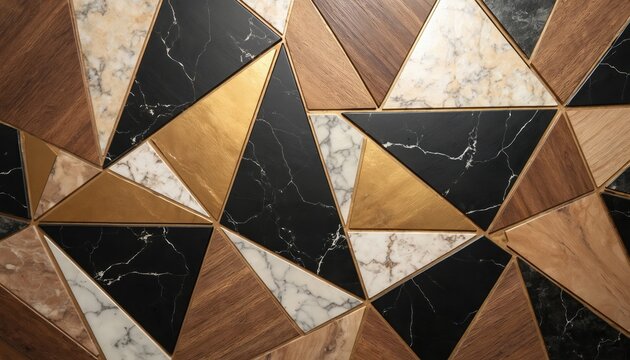 Abstract geometric wall design features wood, marble, gold, black, grey panels. Modern, luxurious textured surface with triangular shapes create stylish, elegant contemporary interior decor. Graphic