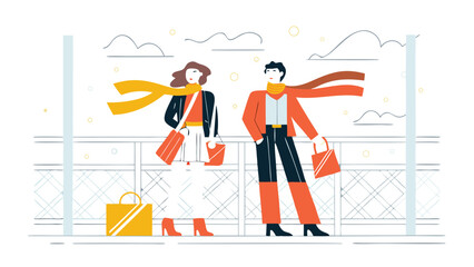 Two stylish people with shopping bags on a bridge wearing scarfs and fashionable clothes in windy weather