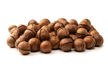 Macadamia nuts in a shell isolated on a white background.