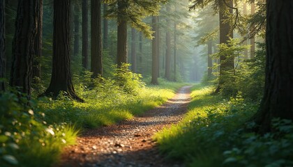 Fototapeta premium Sunlit forest path inviting exploration. Gravel trail winds through trees, dappled light illuminates rich greenery. Fresh air, serene atmosphere, perfect for hiking, nature walks, or finding peace.