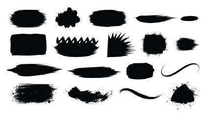 Black Brush Stroke Collection, Ink Splatters, Abstract Shapes on White Background, Vector Illustration.