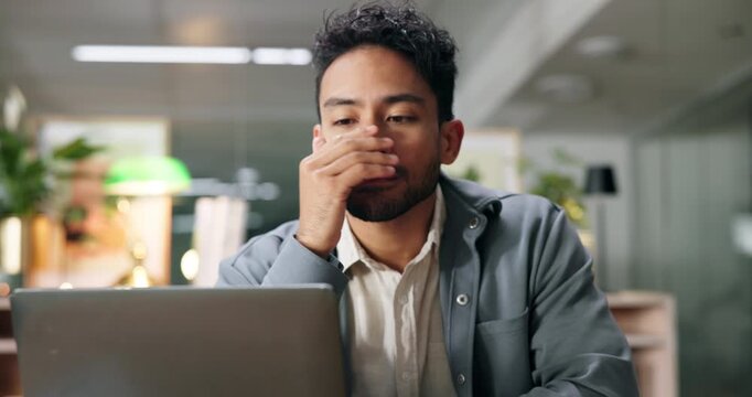 Mistake, loss or frustrated businessman on laptop for administration risk, fail or error report. Headache, stress or tired database administrator in office for tech glitch, project crisis or burnout