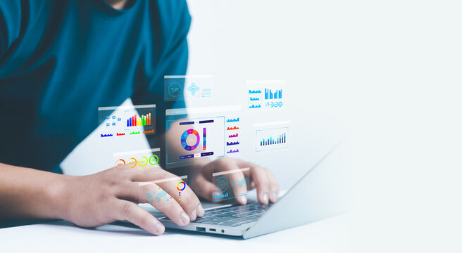 Businessman showing progress, data, business plan, software, work chart, smart technology office Technology developer time report Leading the way in designing intelligent, critical computing leaders.	