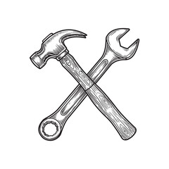 Crossed Hammer and Wrench Illustration, Vintage Hand Tools Drawing, Black and White Tool Icon