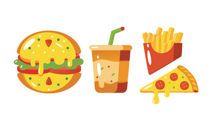 Illustration of a burger, a drink with a straw, french fries in a container and a slice of pizza with cheese