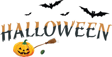 A spooky Halloween vector illustration features a dark autumn night with orange pumpkins, bats, and a scary ghost, perfect for a festive October celebration