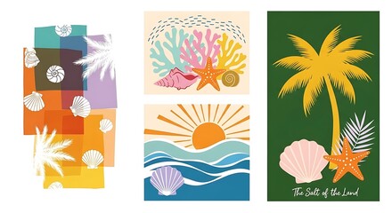 Tropical Beach Themed Artwork featuring Seashells Palm Trees and Sunset with a Vintage Modern Aesthetic