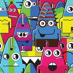 Seamless vector pattern featuring colorful cartoon monster faces with quirky expressions and zipper details. Fun and playful design, ideal for children’s products, textiles, wrapping paper, 