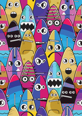 Seamless vector pattern featuring colorful cartoon monster faces with quirky expressions and zipper details. Fun and playful design, ideal for children’s products, textiles, wrapping paper, 