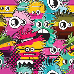 Seamless vector pattern featuring colorful cartoon monster faces with quirky expressions and zipper details. Fun and playful design, ideal for children’s products, textiles, wrapping paper, 