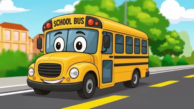 yellow back to school bus, cheerfully riding down the street to school, smiling