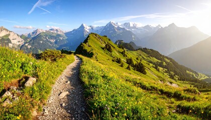 Panoramic Hiking Trail, Majestic Swiss Alps Mountain Path View