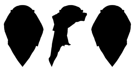 Three black silhouettes of an Arab hat stand against a white background. The stark contrast highlights the elegant attire and sharp outlines.