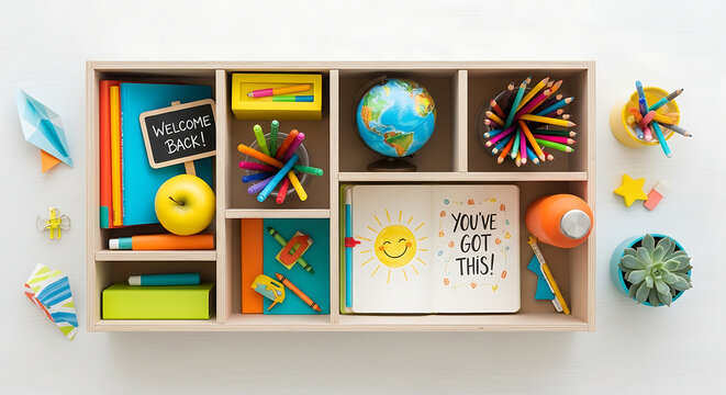 Organized shelf with school supplies including books globe and welcome back sign for education theme back to school ai generated - Powered by Adobe