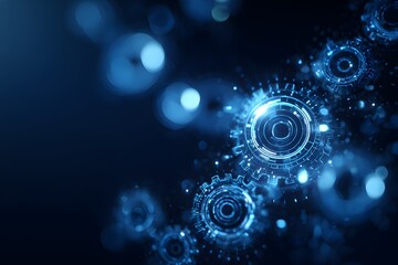 Abstract futuristic blue digital background with glowing elements and gears, a technology concept.