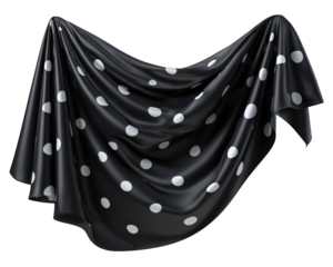 Black fabric with white polka dot pattern, draped and waving, smooth texture, elegant and classic textile design, suitable for fashion or interior decoration