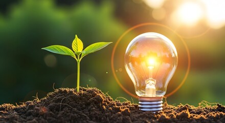 Bright idea, green energy: a light bulb with a plant inside on a green background