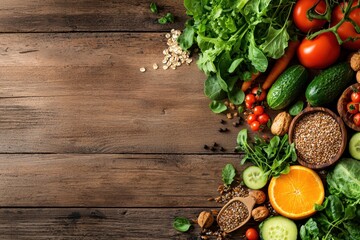 Vibrant overhead shot of fresh vegetables and fruits rustic kitchen still life photography natural light colorful arrangement
